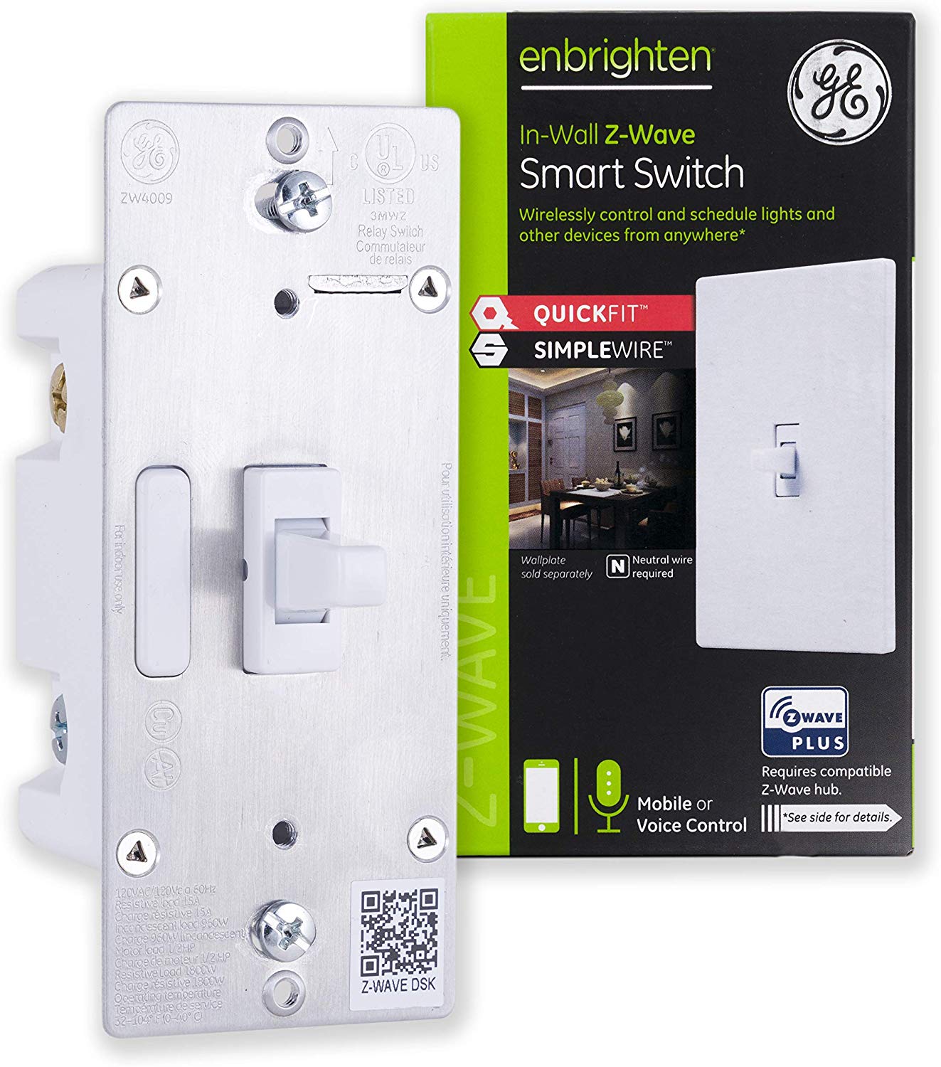 GE Enbrighten Z-Wave Plus Smart On/Off Toggle Switch With QuickFit, SimpleWire, S2, and SmartStart - 46202