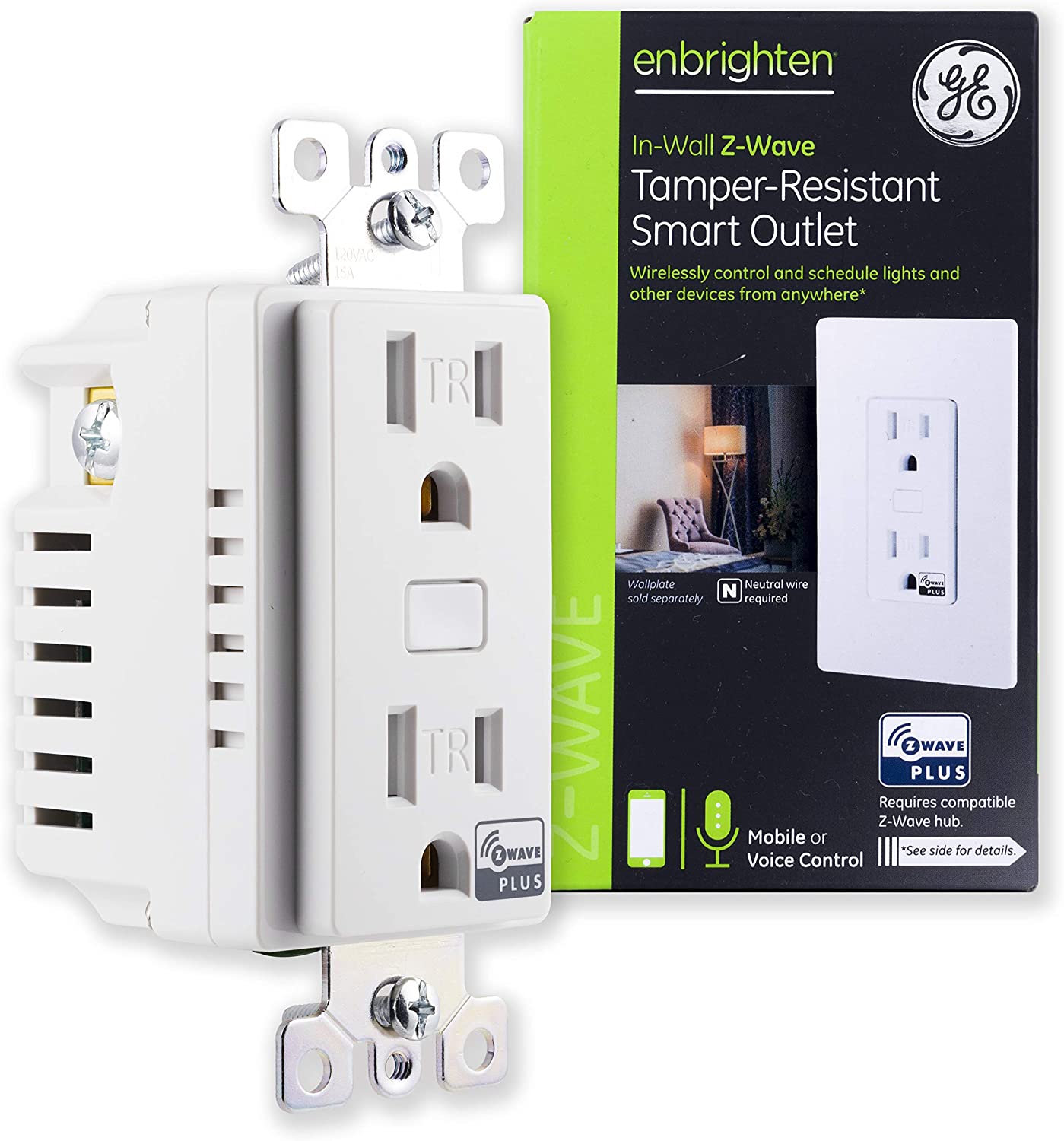 GE Enbrighten Z-Wave Plus, SmartStart, S2, Tamper-Resistant Smart Outlet - 55256