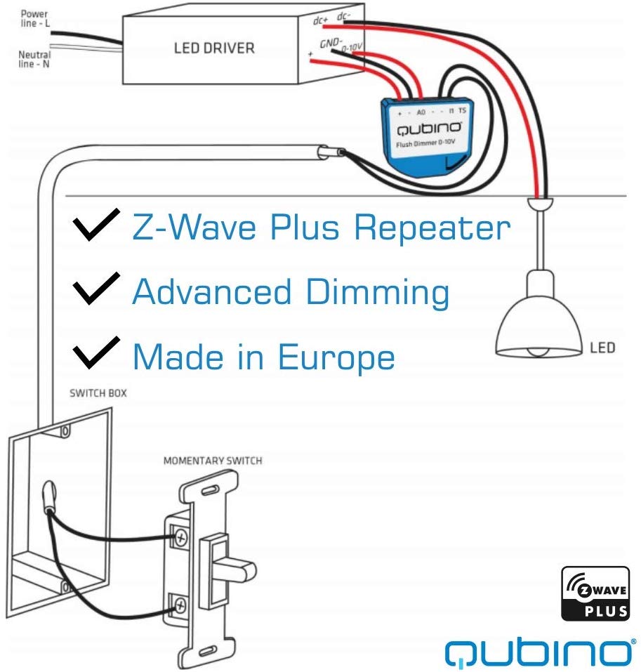 Qubino Z-Wave Plus 0-10 V Dimmer for LED Low Voltage Dimmable Fixtures - ZMNHVD3
