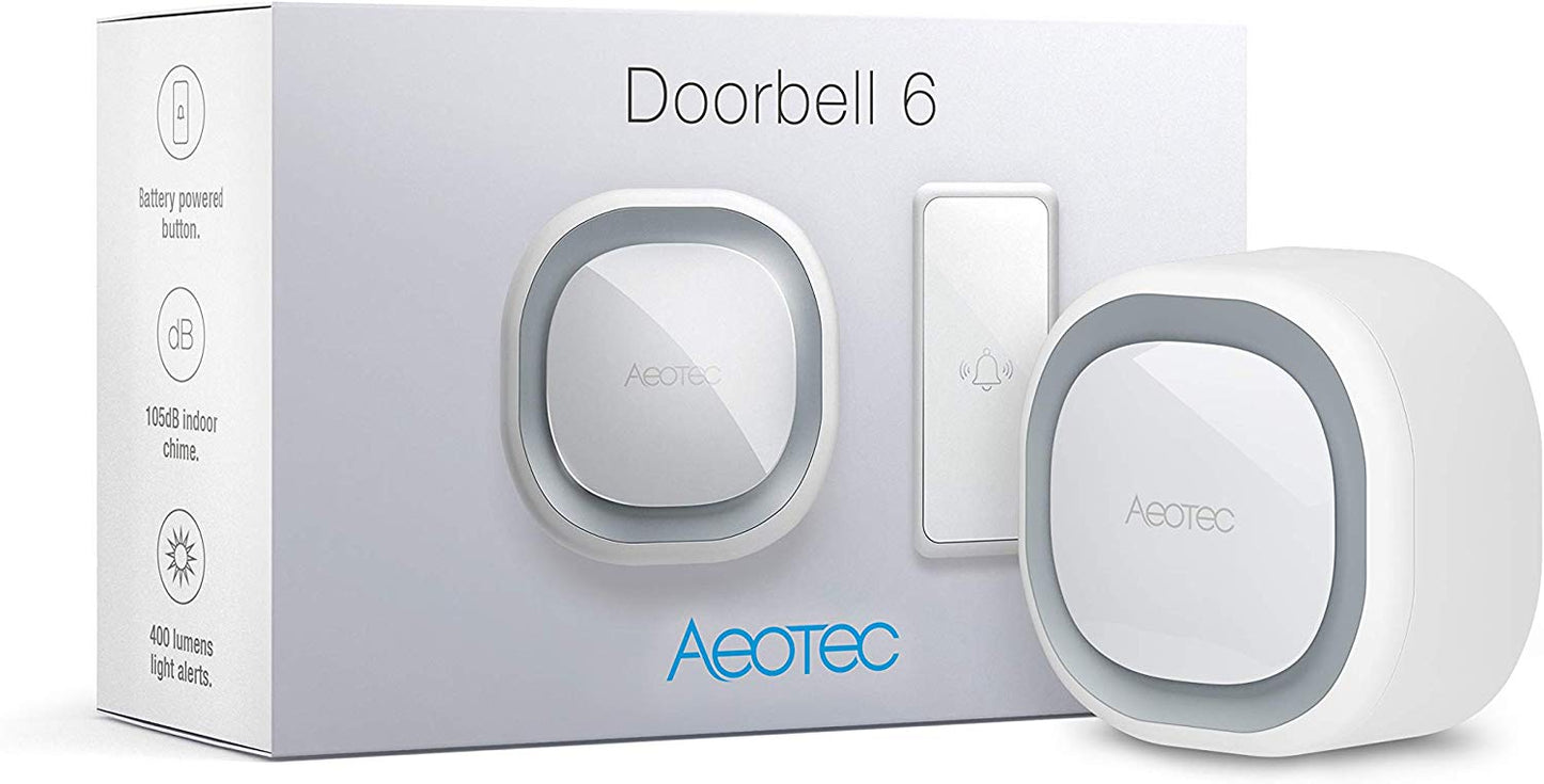 Aeotec Z-Wave Plus Doorbell 6 with Outdoor Button, Wall-Mounted Sound & Light Ring, Smart Home Wireless Chime, 110 dB - ZW162