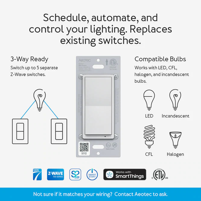 Aeotec Light Switch; 3 Way, On Off, SmartThings Z-Wave Switch (ZWA038)