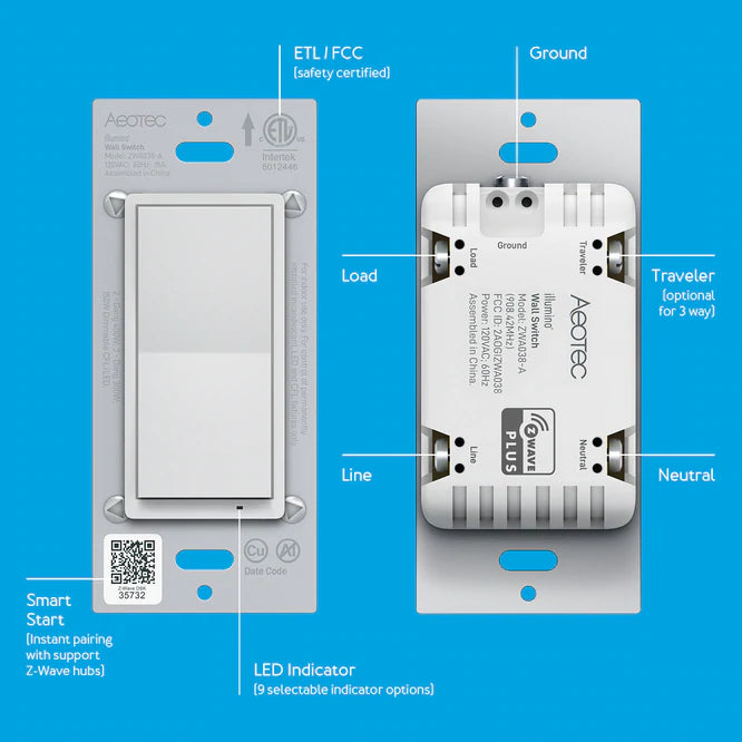 Aeotec Light Switch; 3 Way, On Off, SmartThings Z-Wave Switch (ZWA038)