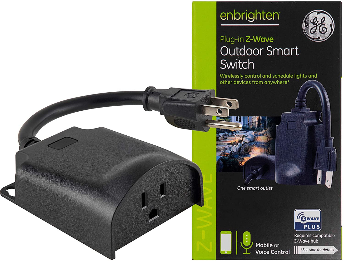 GE Enbrighten Z-Wave Plus Smart Outdoor Switch, 1-Outlet Plug-In (2nd Gen.), Weather-Resistant - 14298