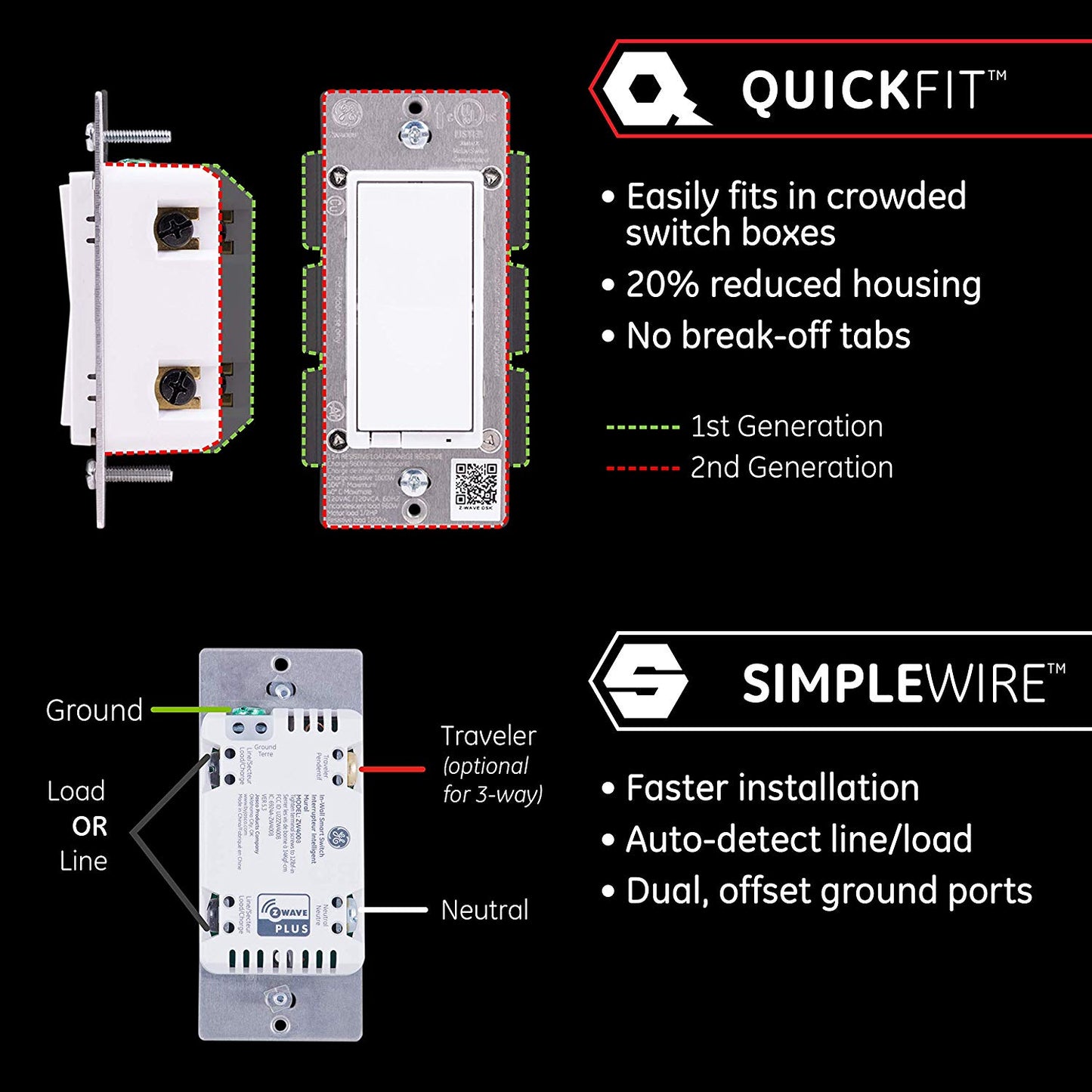GE Enbrighten Z-Wave Plus In-Wall Smart Switch With QuickFit, Simple Wire, S2, and SmartStart - 46201