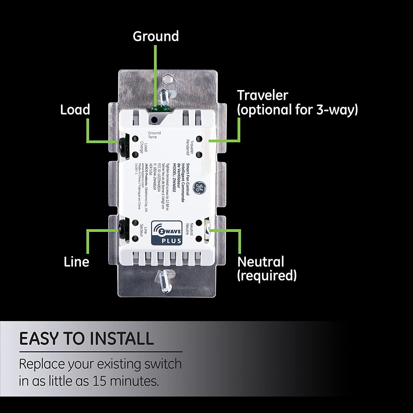 GE Enbrighten In-Wall Z-Wave Plus Smart Fan Control with SmartStart and S2 Security - 55258