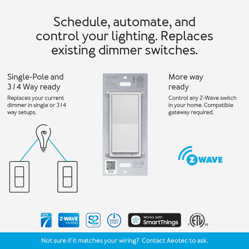 Aeotec Wall Dimmer Switch; ZWave, 3 Way, SmartThings (ZWA037