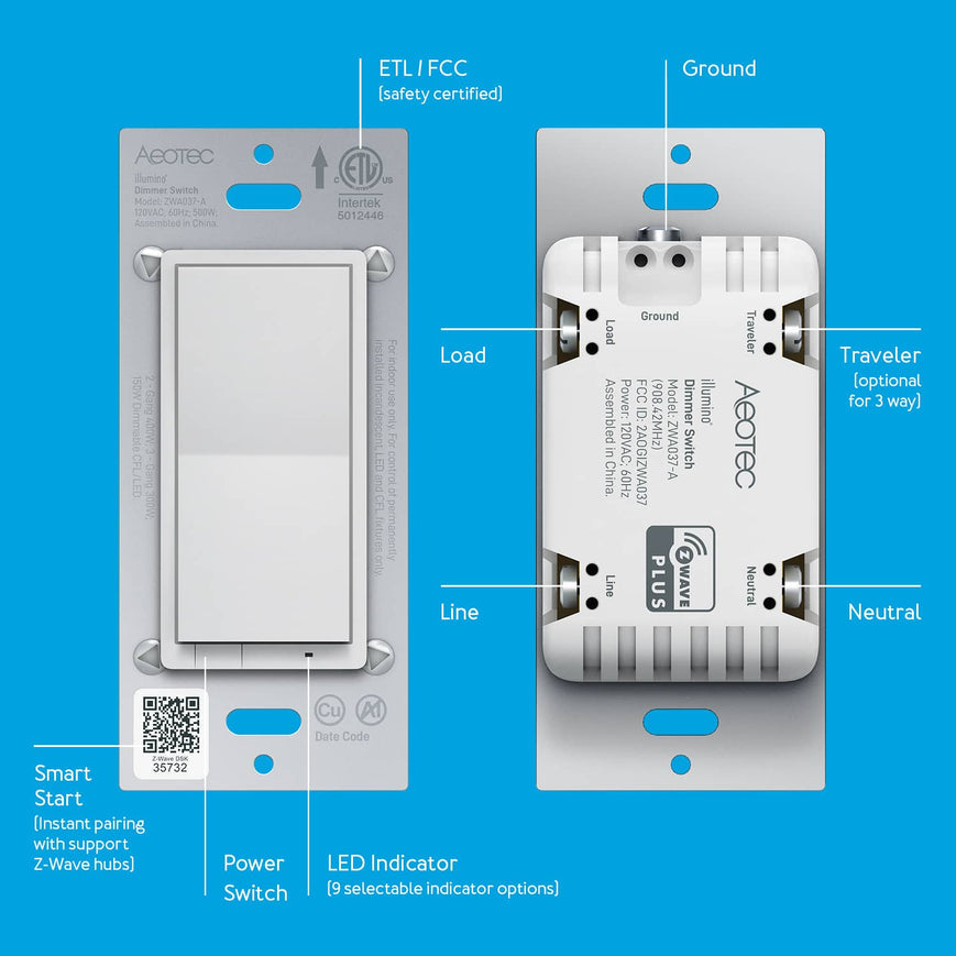 Aeotec Wall Dimmer Switch; 3 Way, On Off Dim, SmartThings Z-Wave Switch (ZWA037)